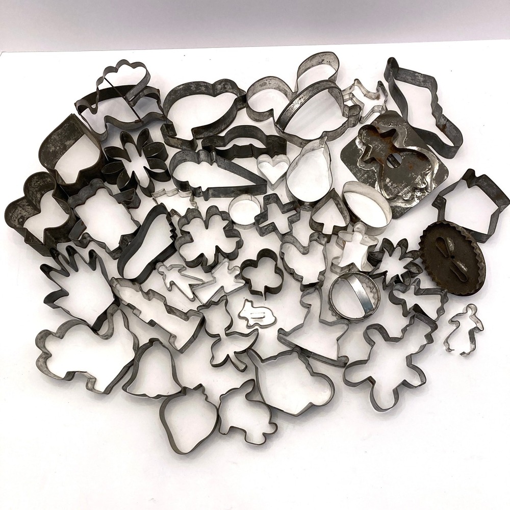 42 Lot Vintage Primitive Cookie Cutters Aluminum Tin Folk Art Holiday Tradwife